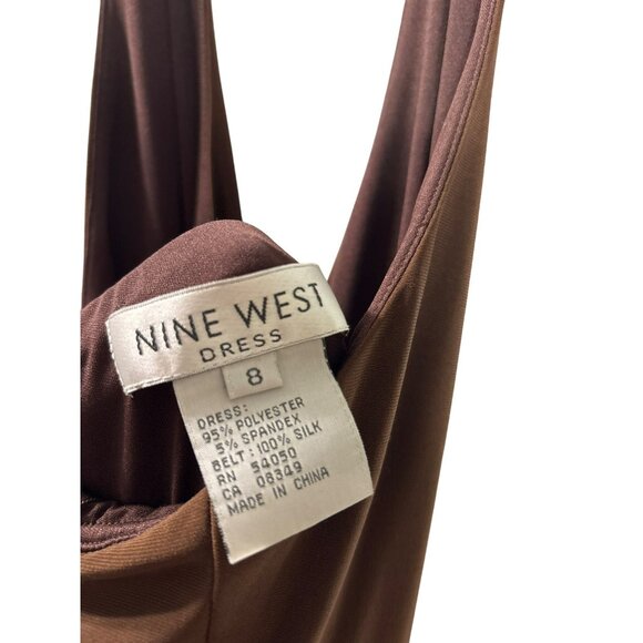 Nine West Halter Midi Dress 8 Vintage Y2K Fit & Flare Braided Belt Brown New - Picture 12 of 13